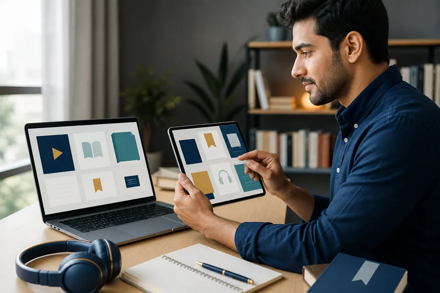 Adult learner organizing online English study resources on laptop and tablet