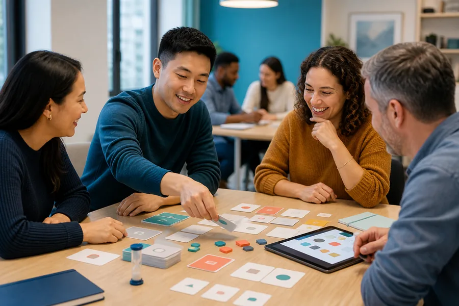 Adult learners playing an English vocabulary game with cards and tokens