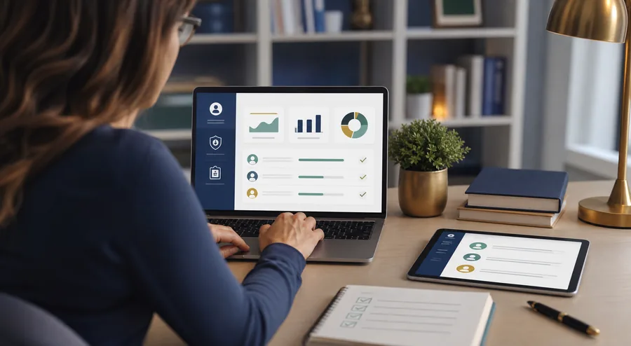 Teacher reviewing a private English gradebook dashboard with abstract progress data