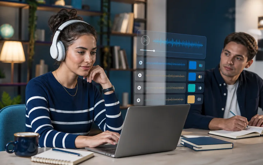 Adult learner using headphones to browse an English listening library