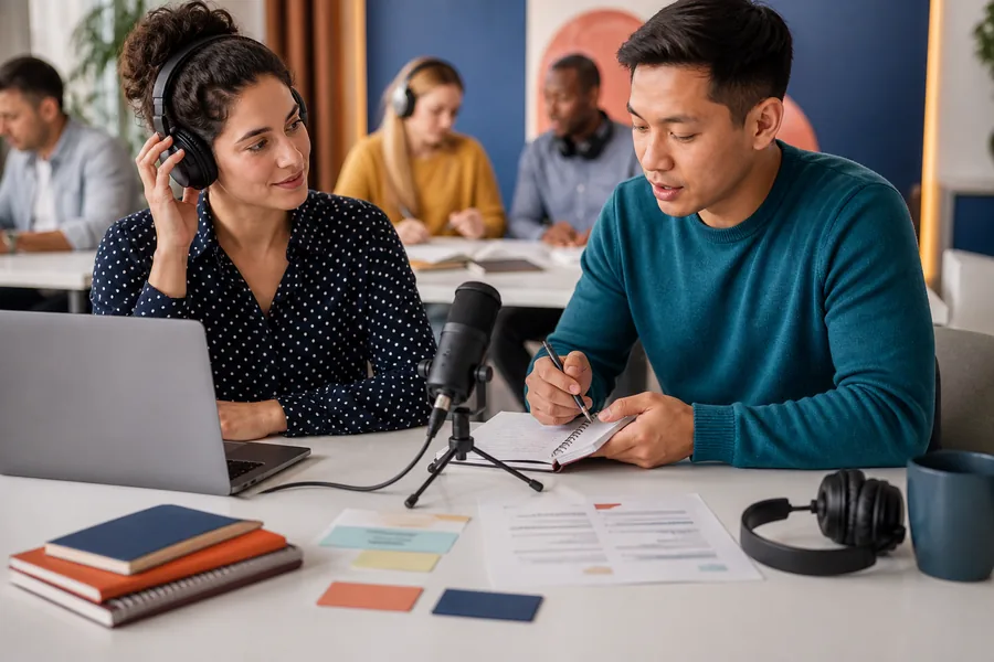 Adult learners practicing English listening and speaking in a language lab