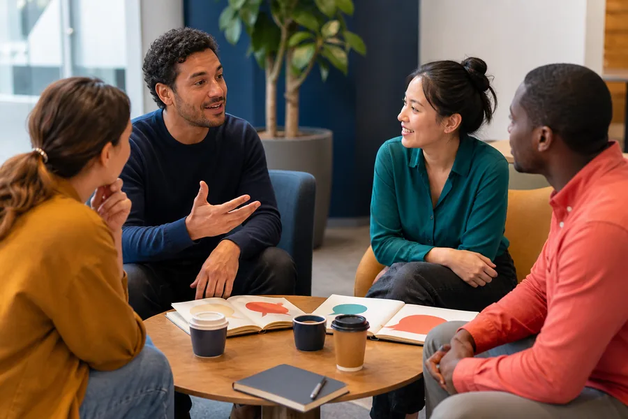 Adult learners having a natural English conversation in a modern classroom lounge