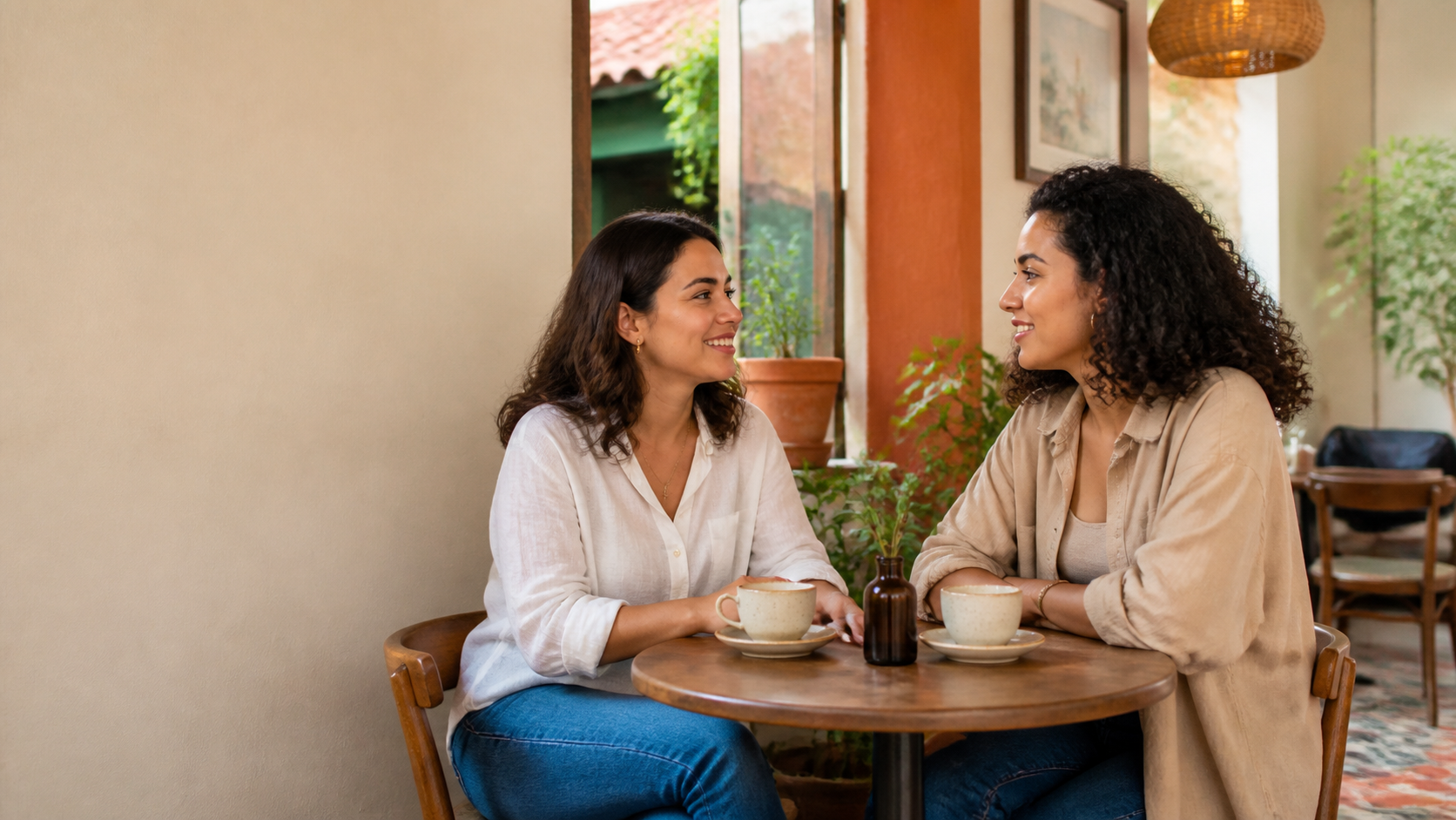 Two friends reconnecting over coffee before an English conversation practice