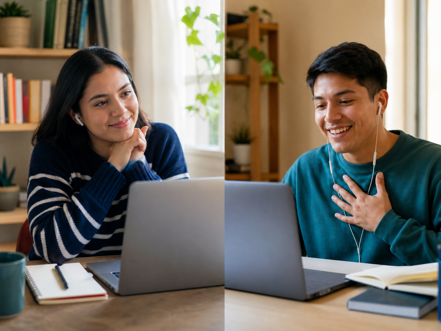 Two adult friends connecting warmly by video call from separate study spaces