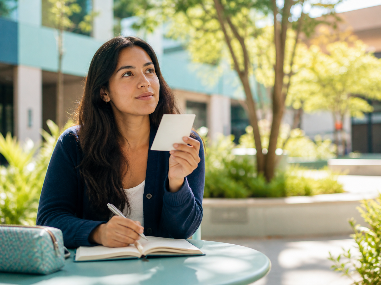 Adult learner calmly planning a future goal in a university courtyard