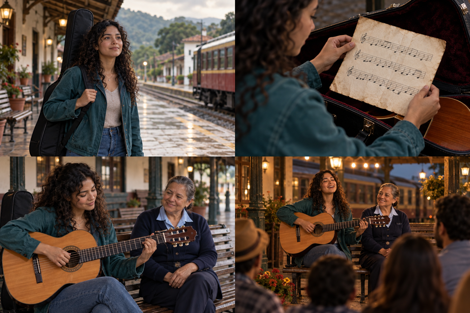 Mara waiting at a station with a guitar case