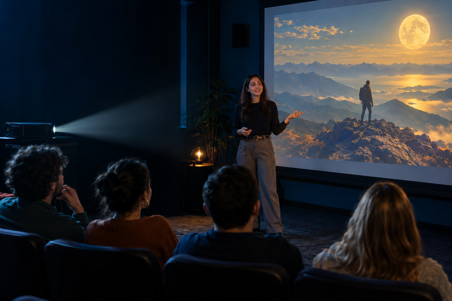 A student presenting a film beside a wordless projection at the class film festival