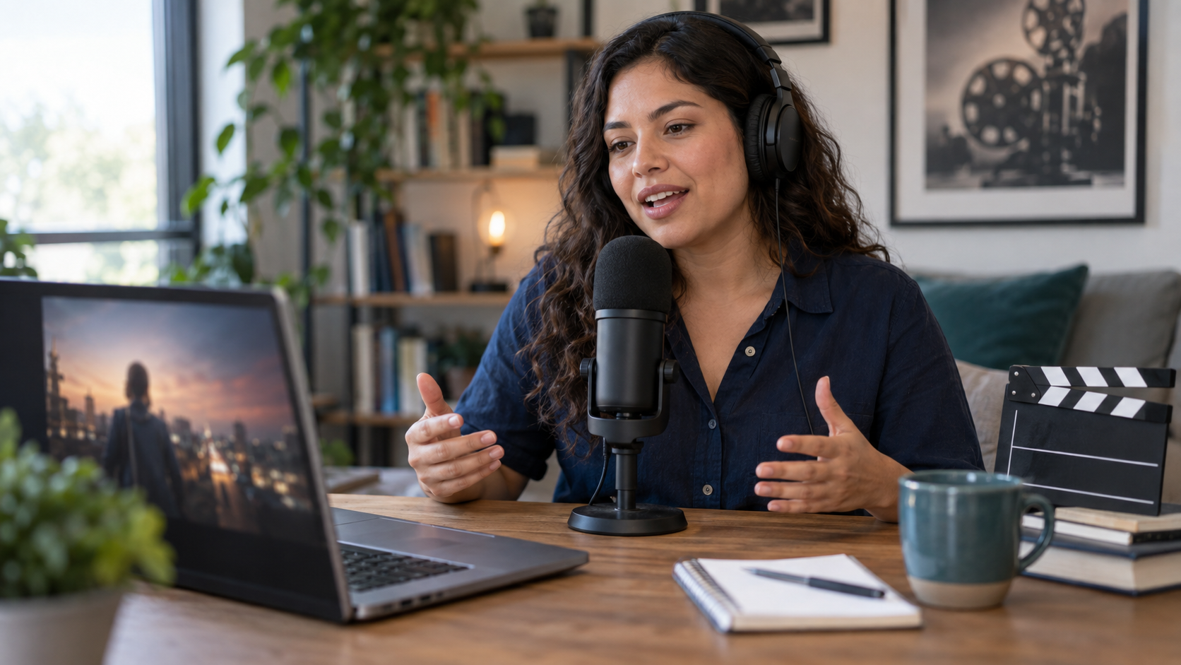 Adult English learner recording a movie review with headphones and a microphone