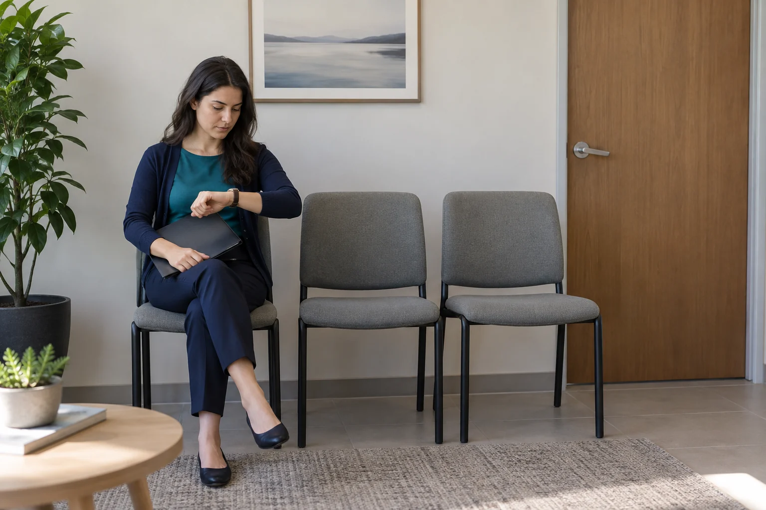 An adult holding a folder checks a watch beside a closed door and empty chairs.