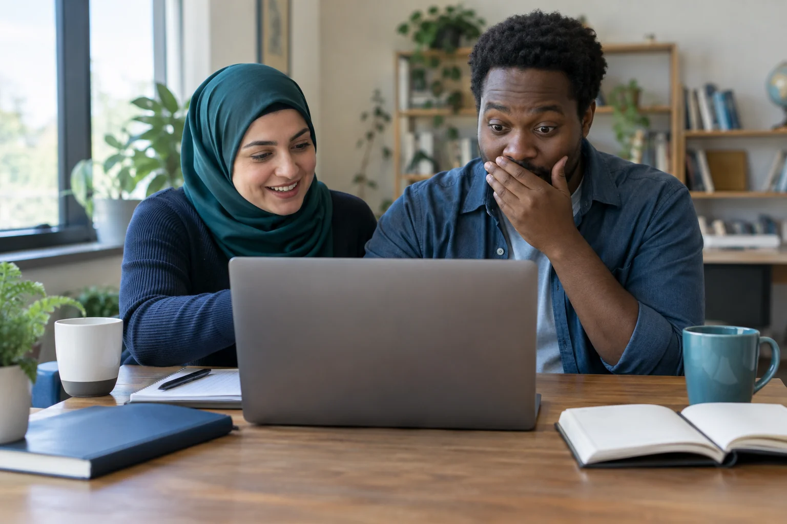 Two people react to something on a laptop.