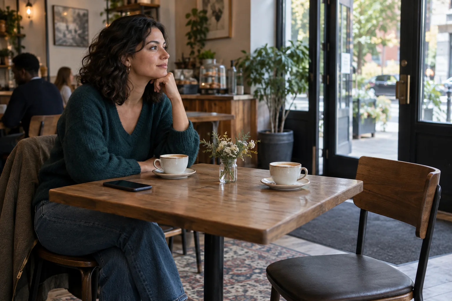 A woman sits at a cafe table with two drinks, a face-down phone and an empty chair.