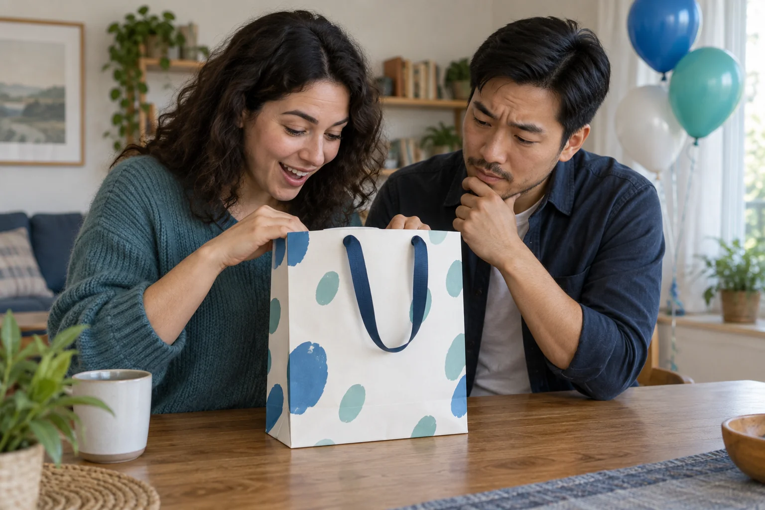 Two people look into a bag; its contents are hidden.