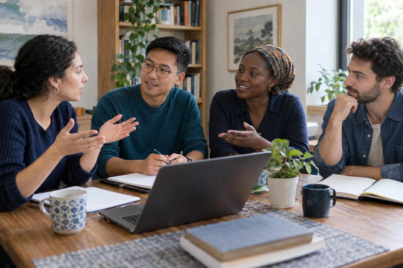 Several people talk while one person listens with an open notebook.