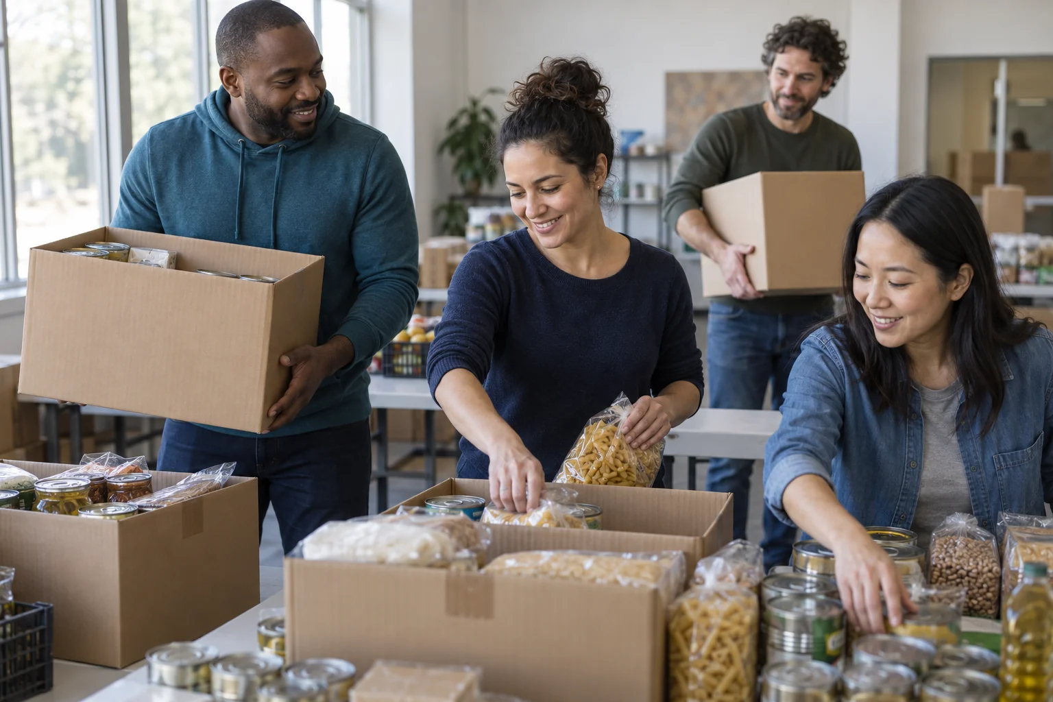 People carry boxes and arrange food packages.