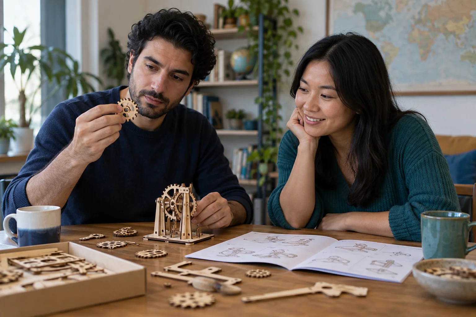 Two people examine loose pieces and a partly built model.