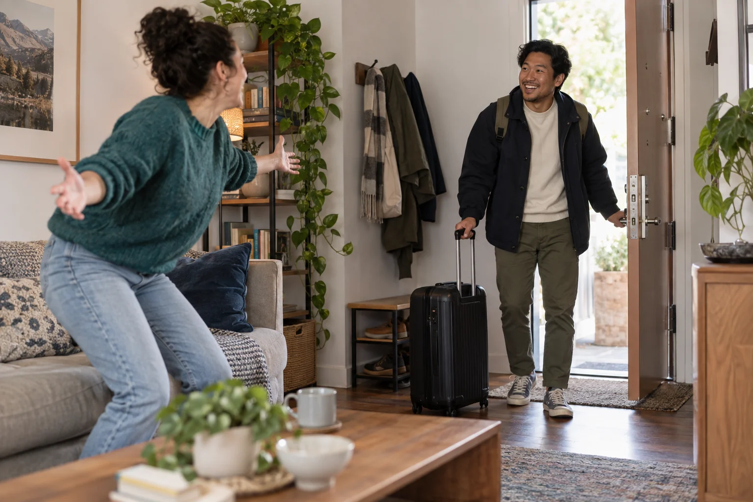 A person with a suitcase stands in a doorway as a friend rises from a sofa.