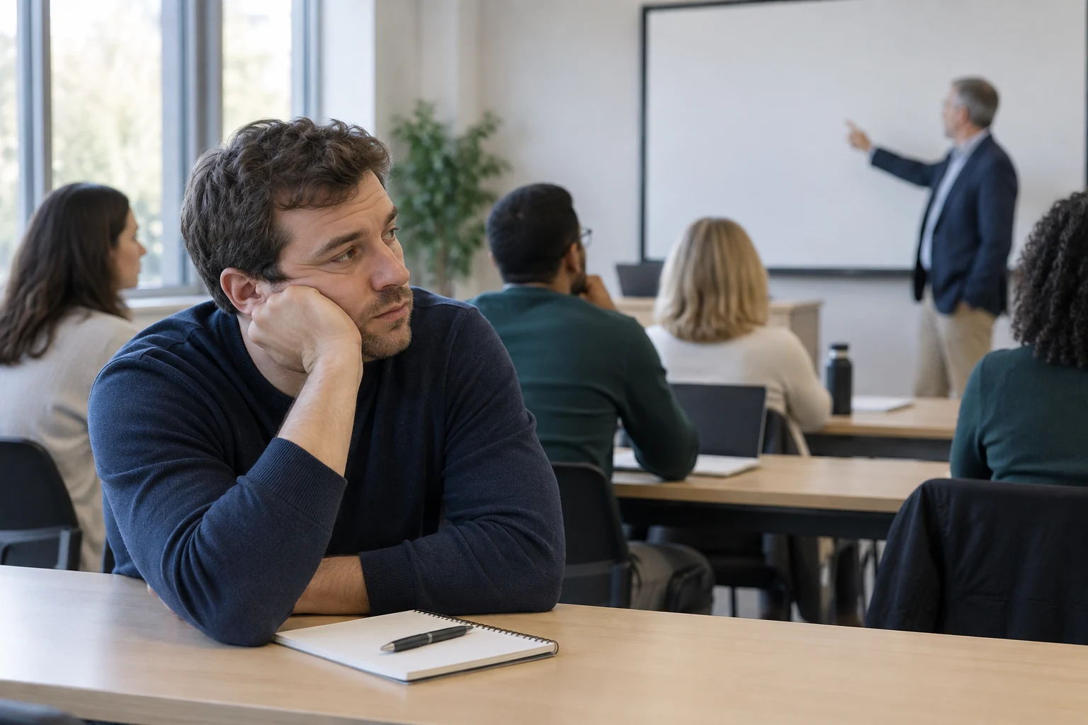 A learner rests his cheek on his hand during a talk.