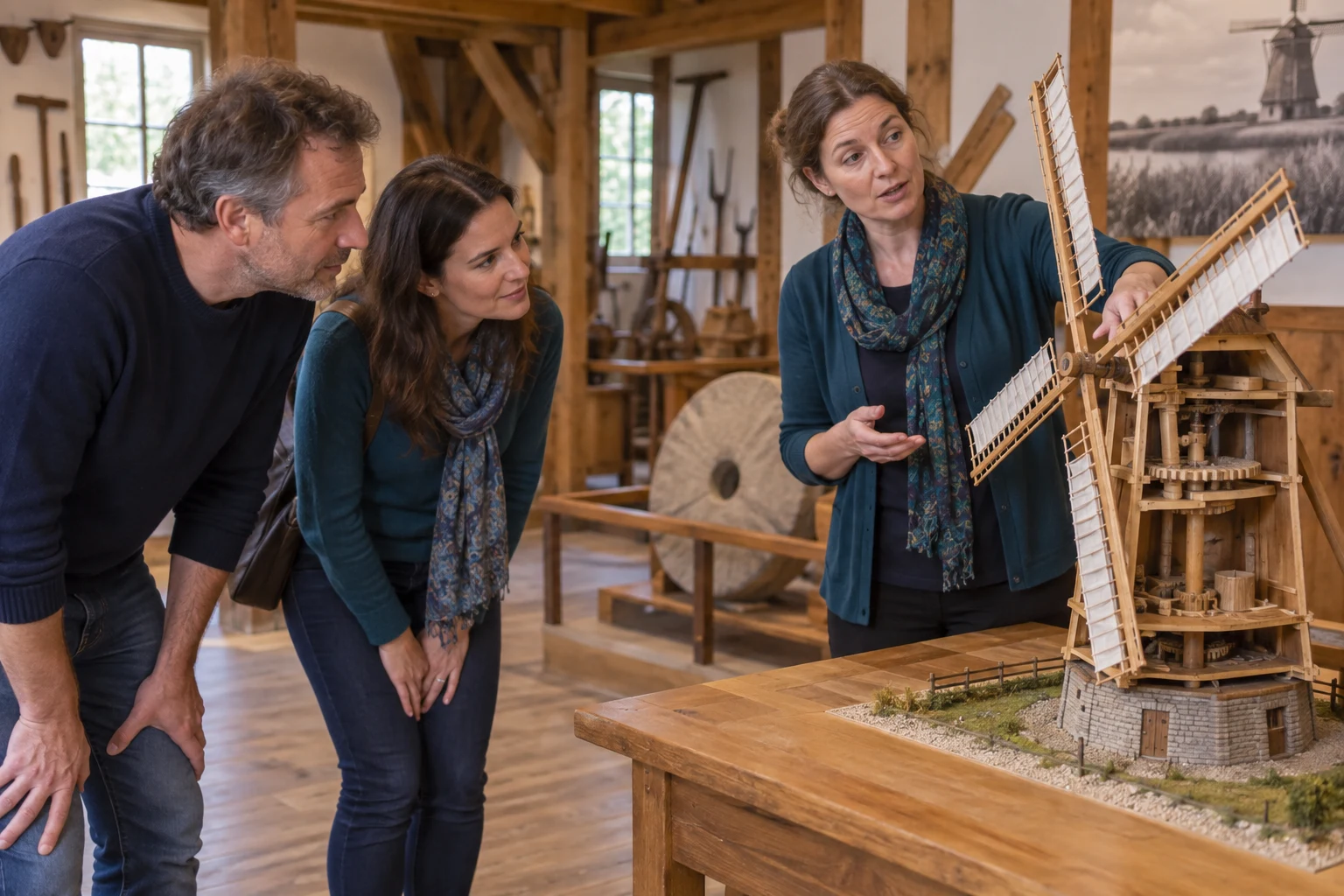 Visitors lean forward while a guide explains a windmill model.