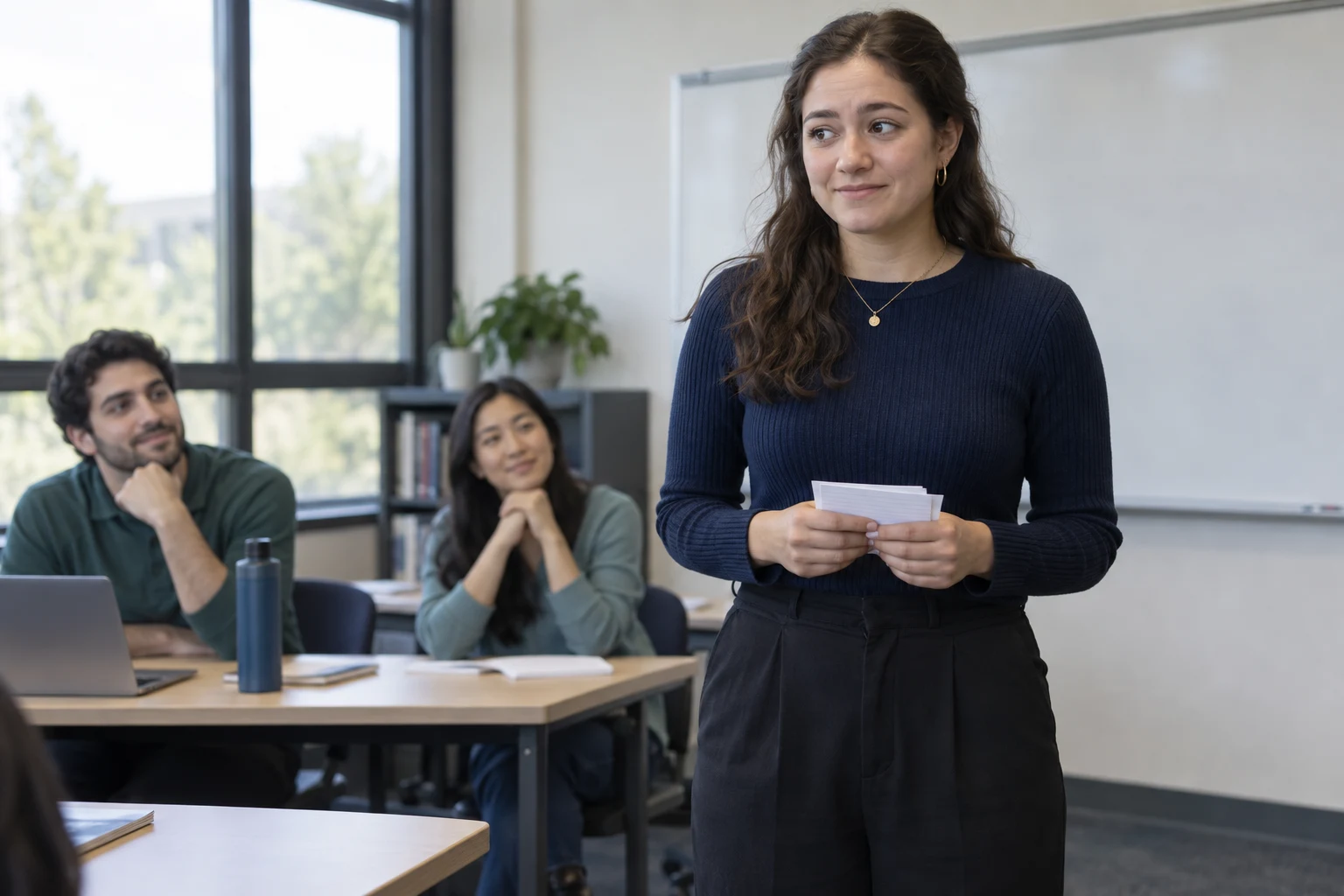 A student holds her notes before speaking to a small group.