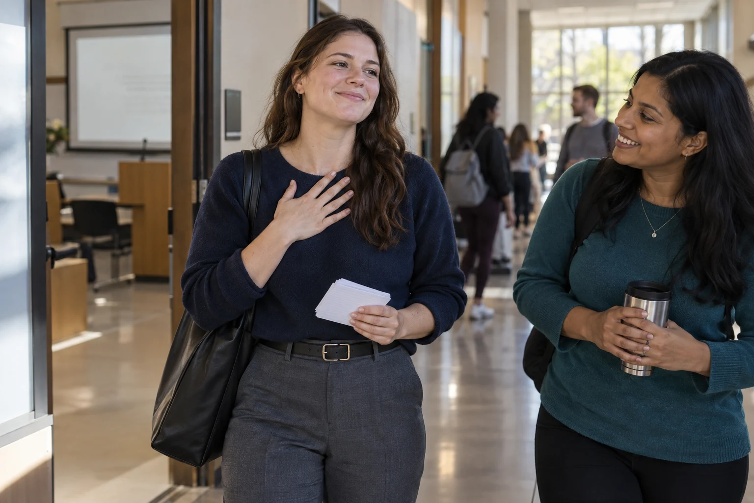 A student smiles after a presentation while a friend supports her.