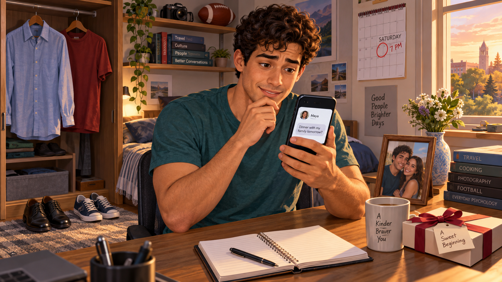Alex receives an invitation at his bedroom desk