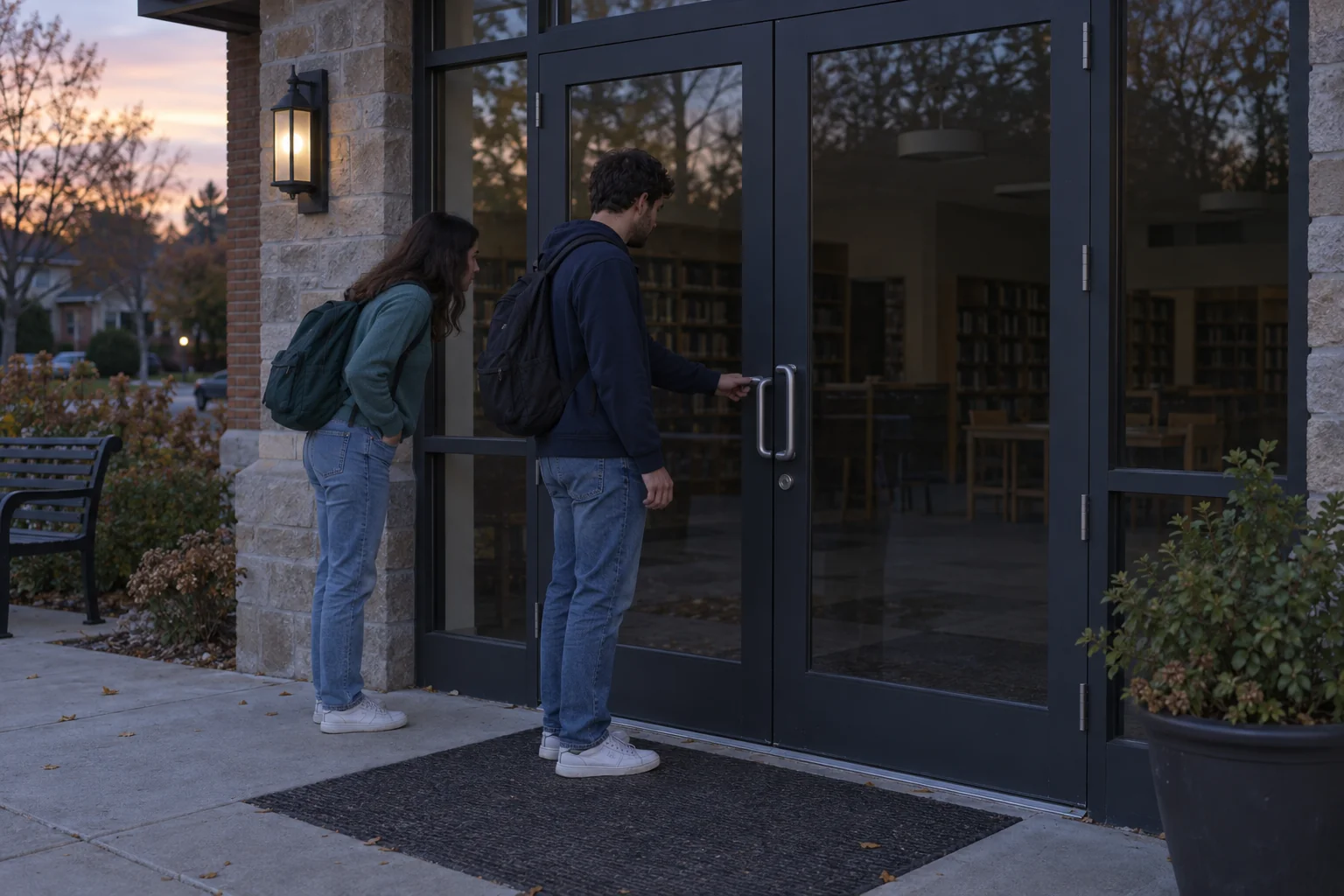 Two students check a locked library entrance with a dark interior.