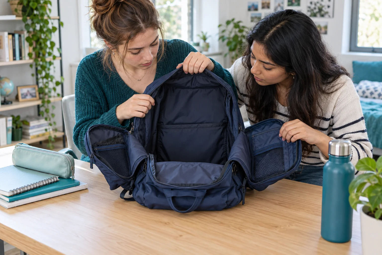 Two students check an empty backpack with open pockets.