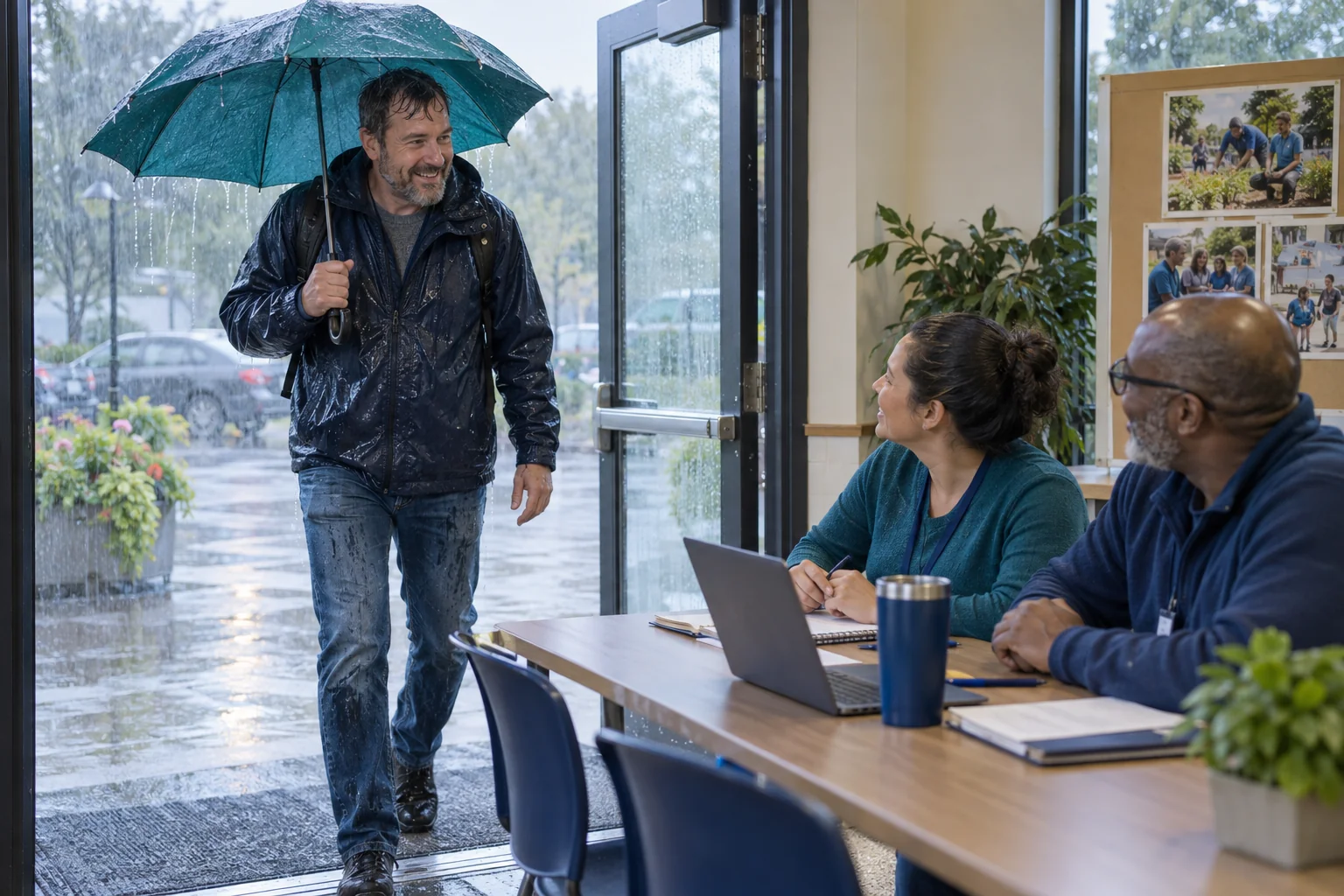 A volunteer arrives with a wet umbrella: what do the clues suggest?