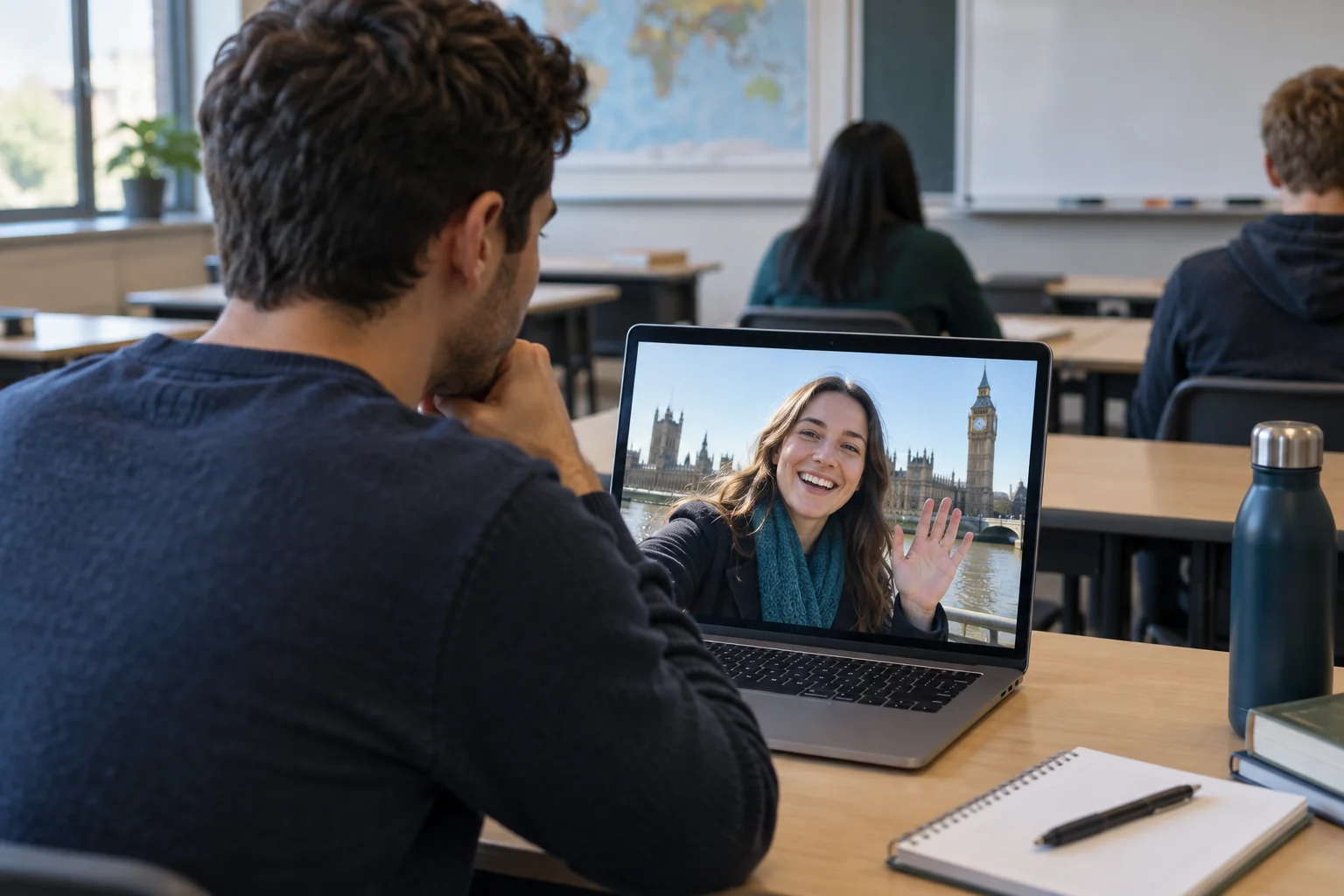 A classroom laptop shows a friend on a video call from London.