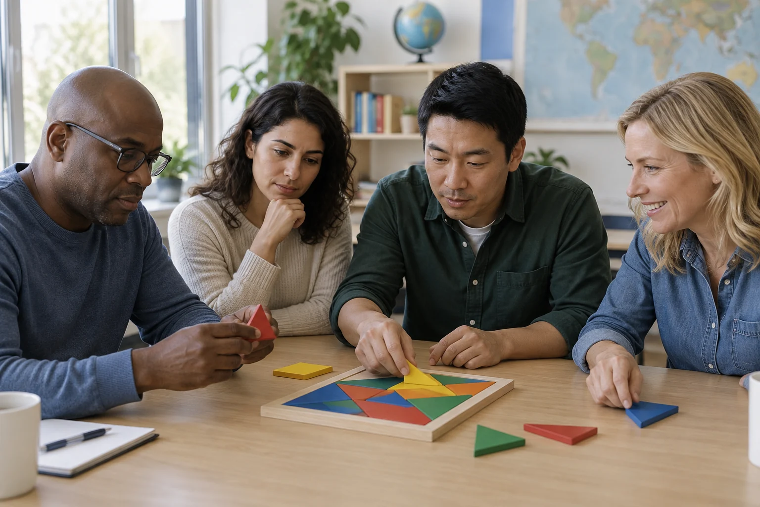 A group works on a wooden puzzle.