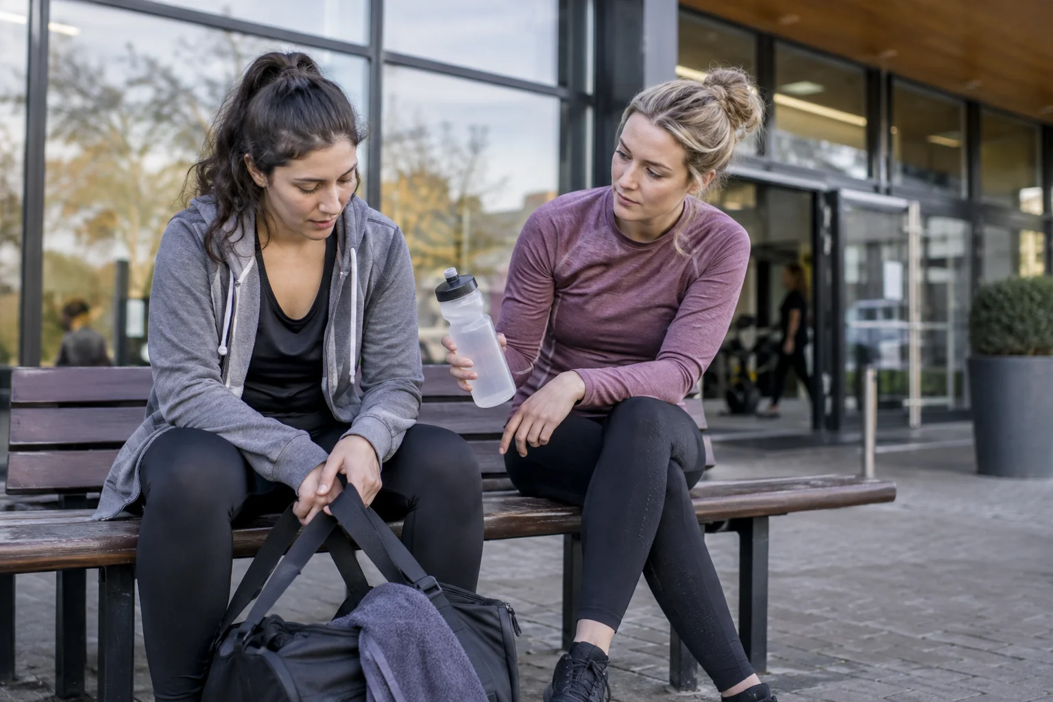 Two friends sit beside a sports bag; one offers water.