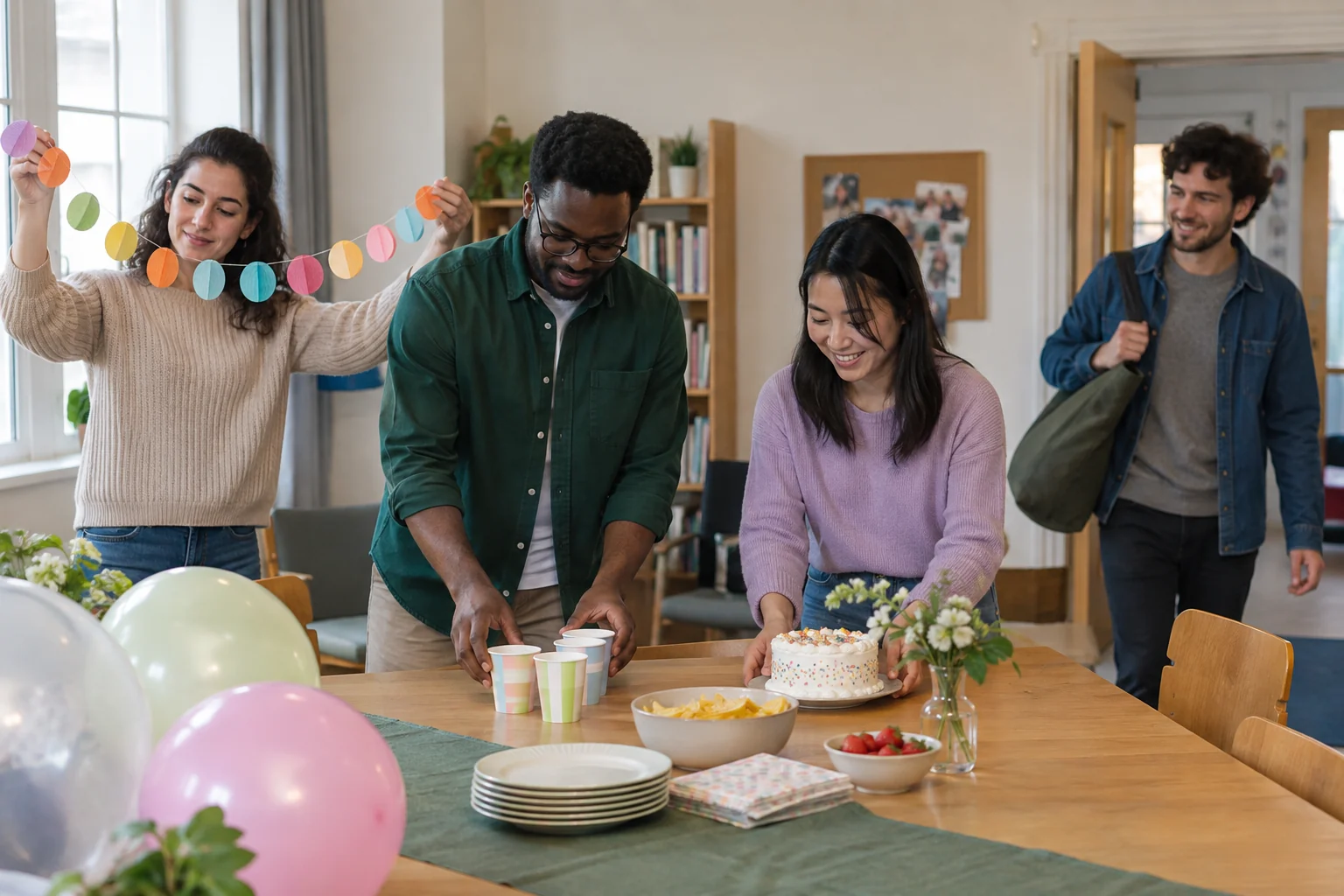 People arrange decorations, cups and a cake.