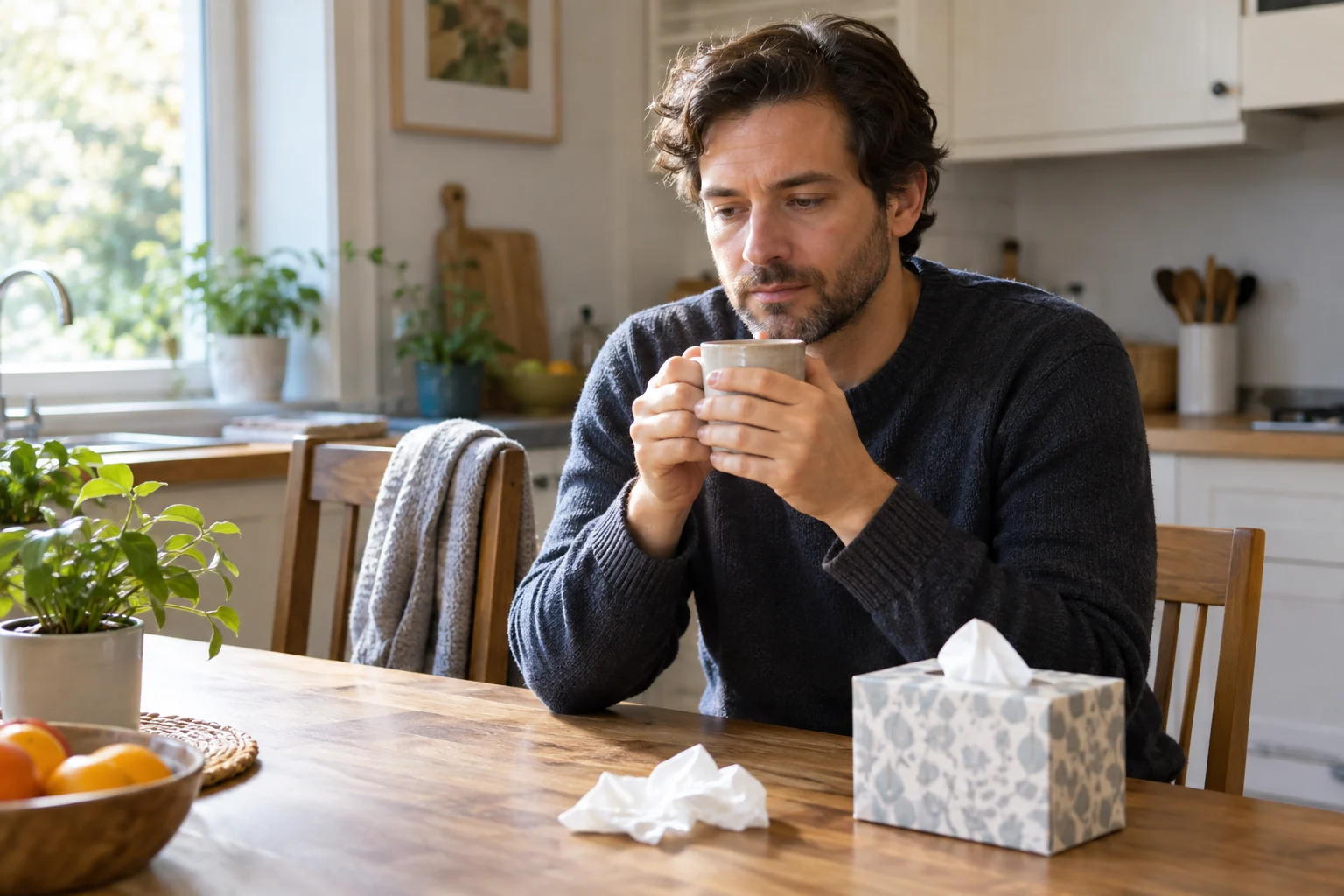 A person holds a mug; tissues are on the table.