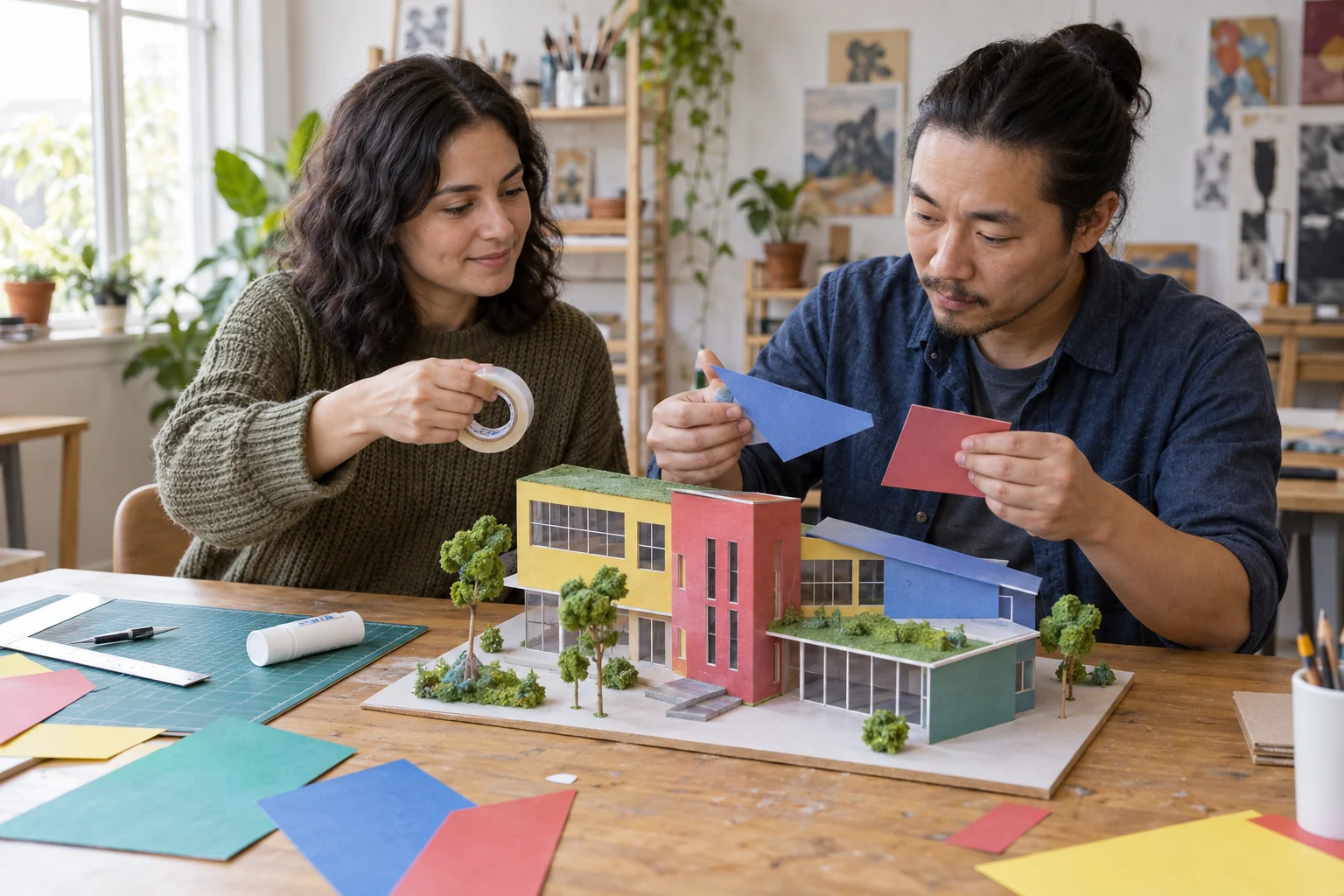 Two people share materials while building a model.