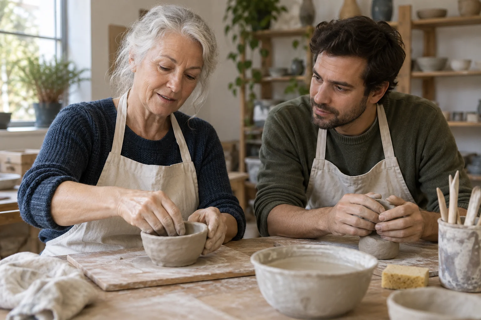 One person demonstrates a clay technique while another watches.