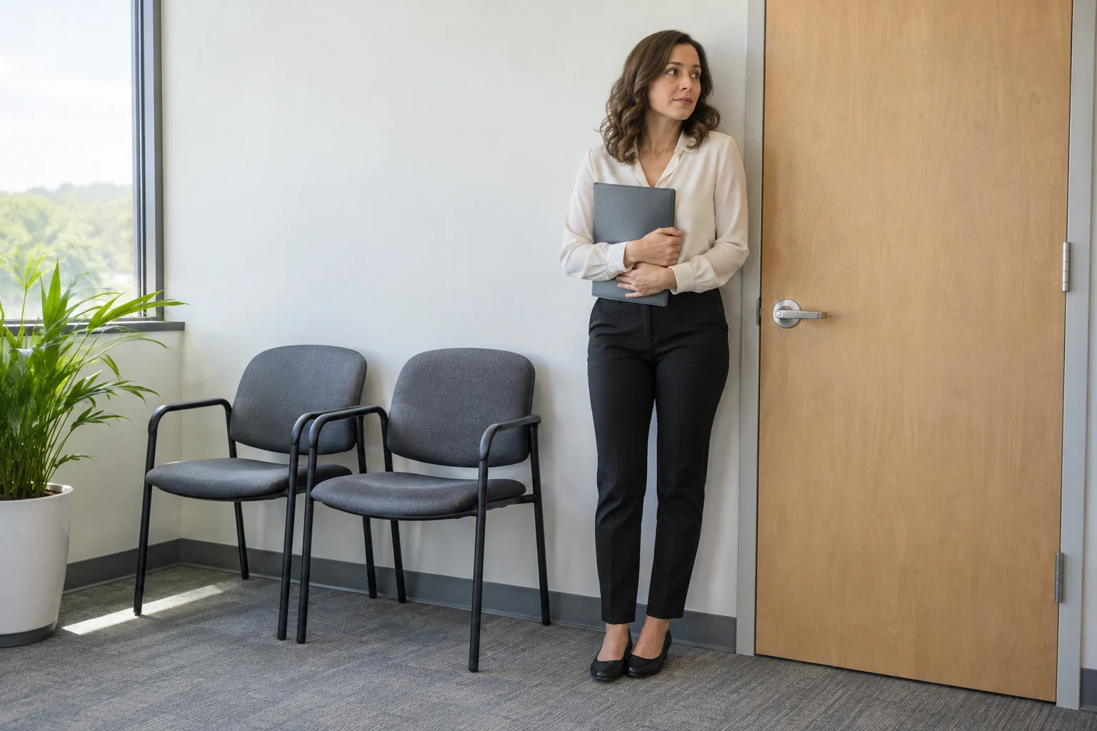 A person holds a folder near a closed door and empty chairs.