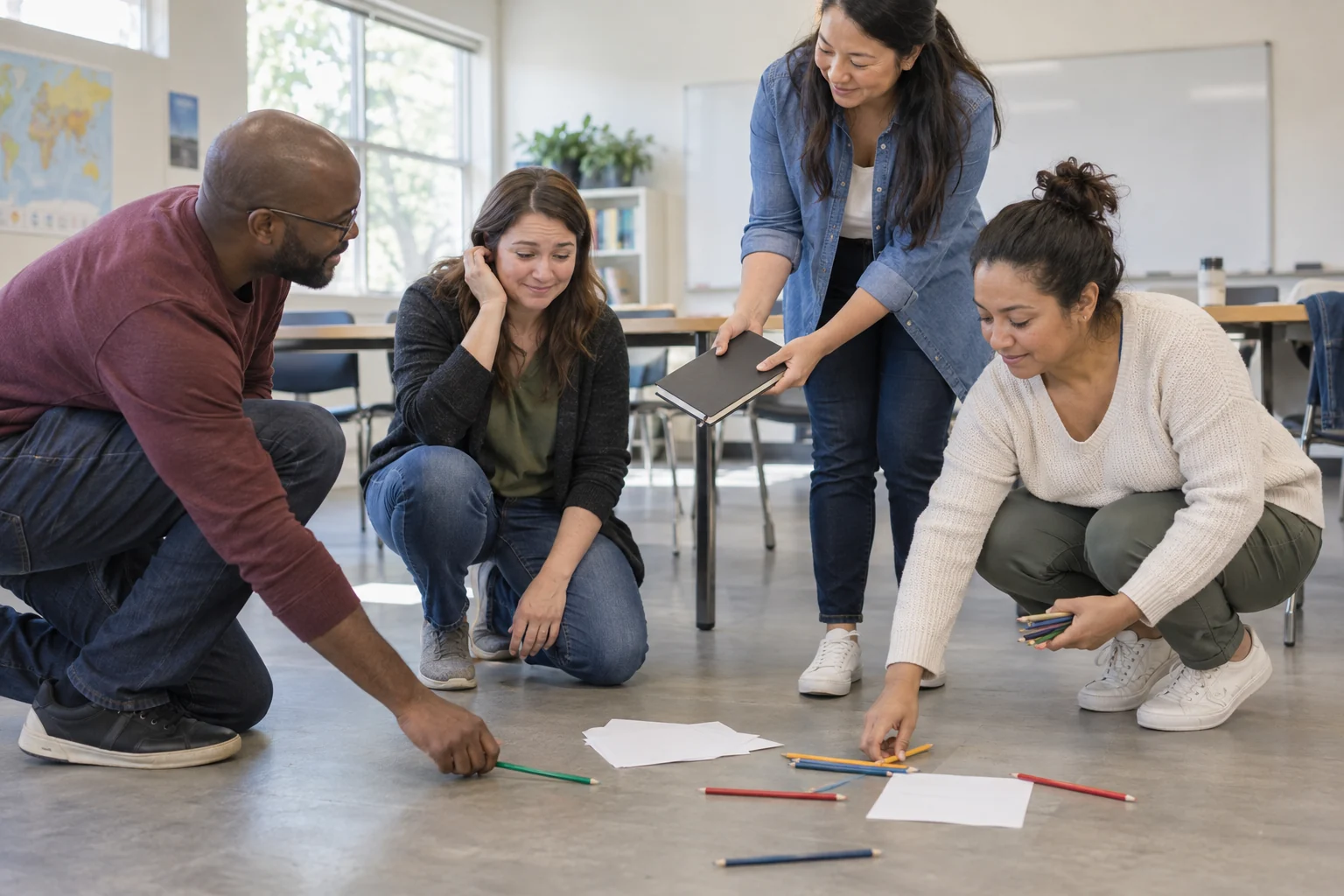 Several people collect papers and pencils from the floor.