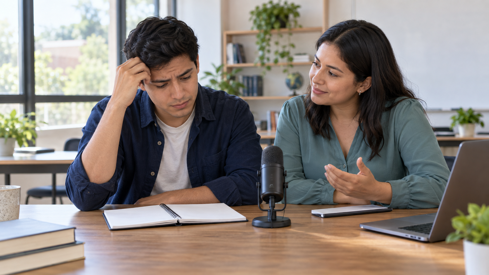Two adult classmates discussing a first impression beside a microphone