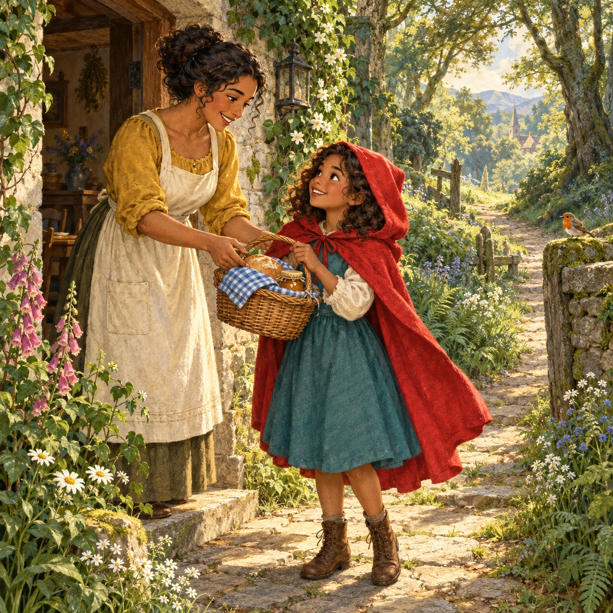 Little Red and her mother at a sunlit cottage door