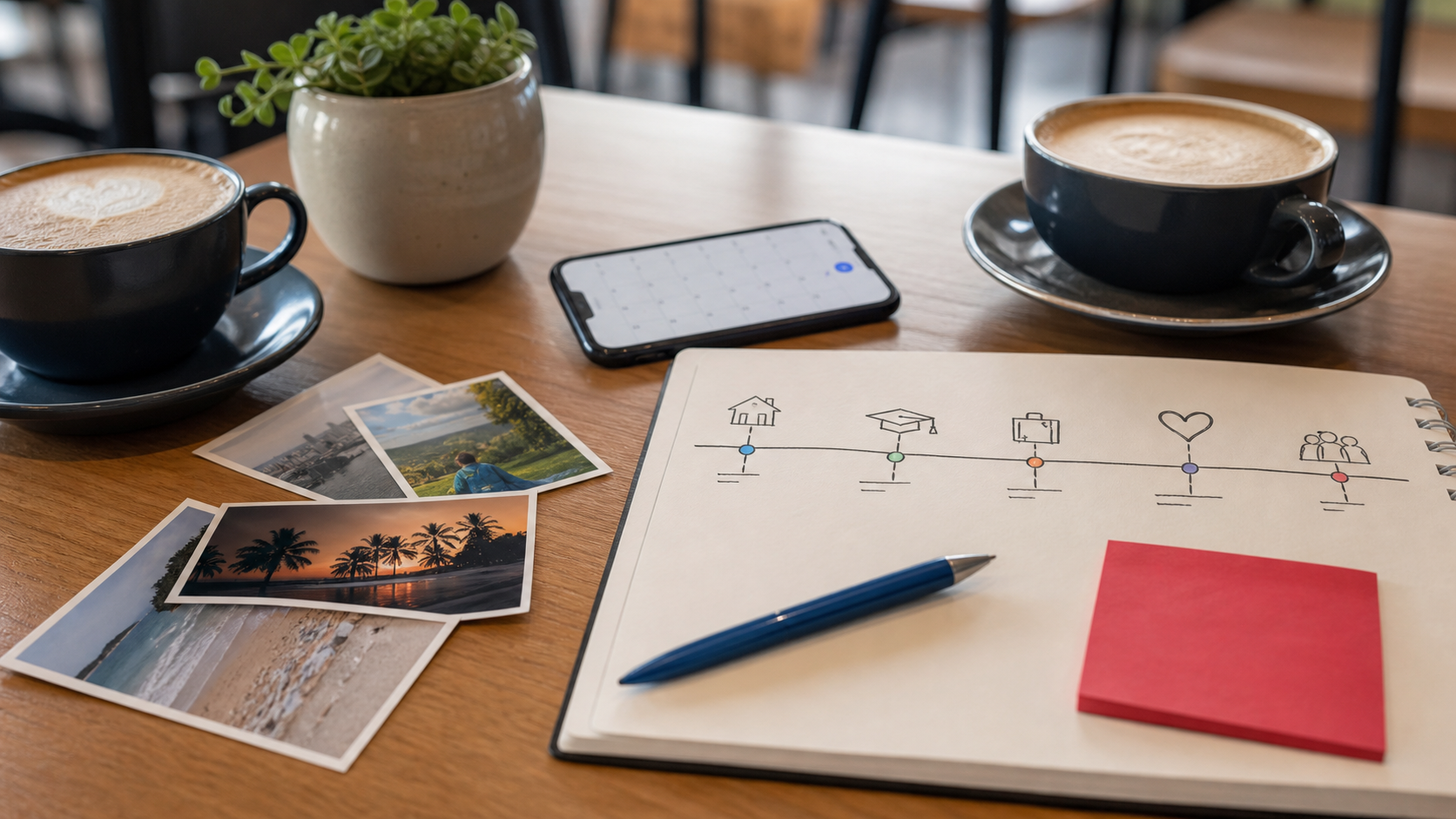 Cafe table with coffee cups, photos, and a visual timeline