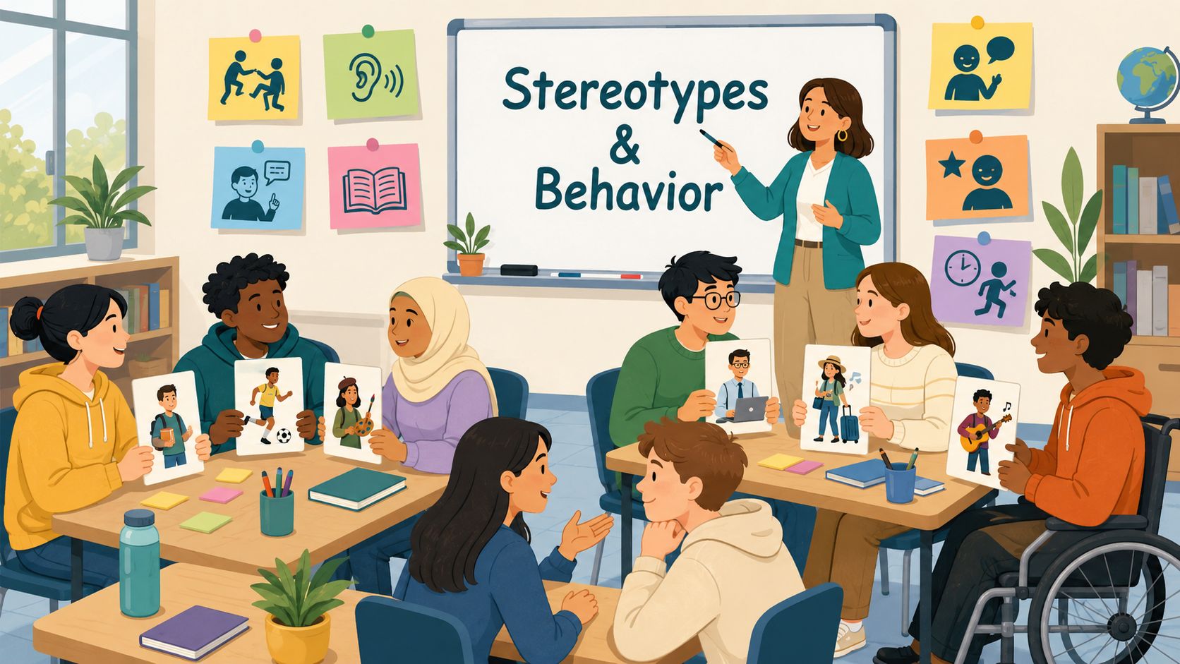 Students discussing stereotypes and behavior descriptions respectfully