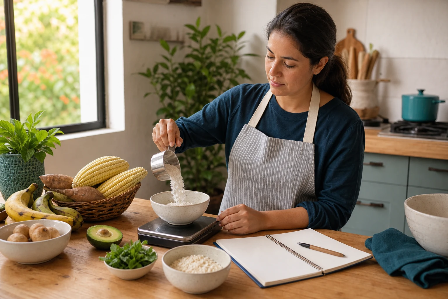 Adult learner measuring ingredients while preparing notes for a traditional recipe