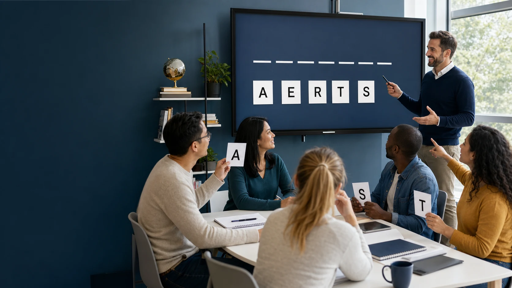 Adult Intermediate English learners solving a classroom word puzzle