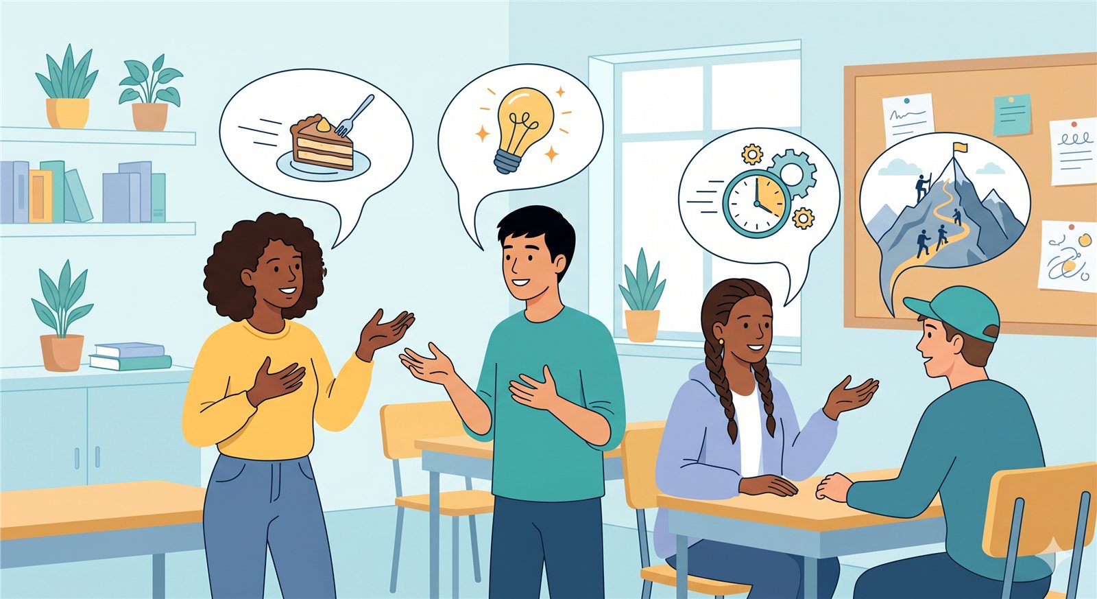 Students learning intermediate English idioms