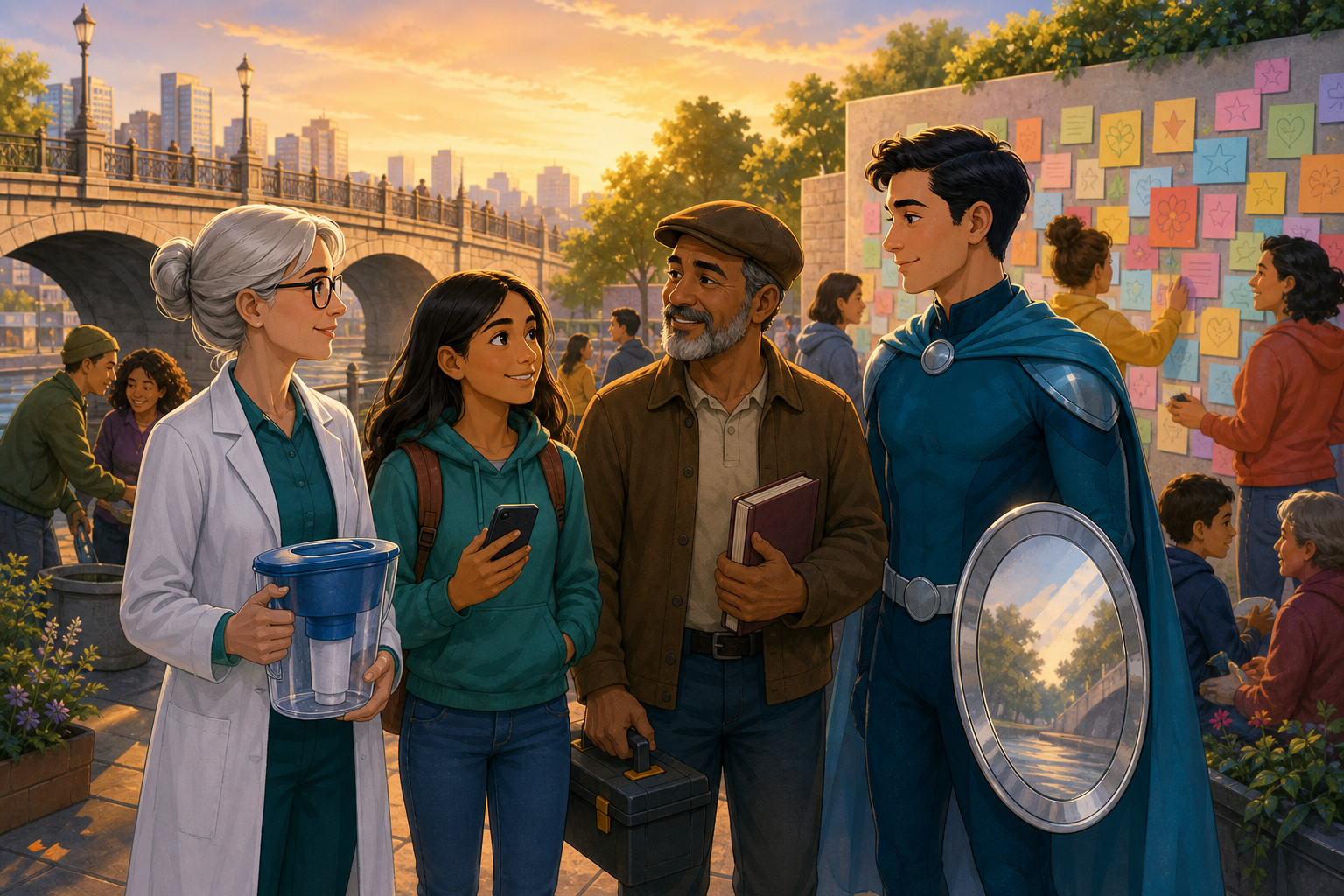 The Mirror Guardian, Dr. Lina, Maya, Mr. Bruno, and neighbors near the repaired bridge