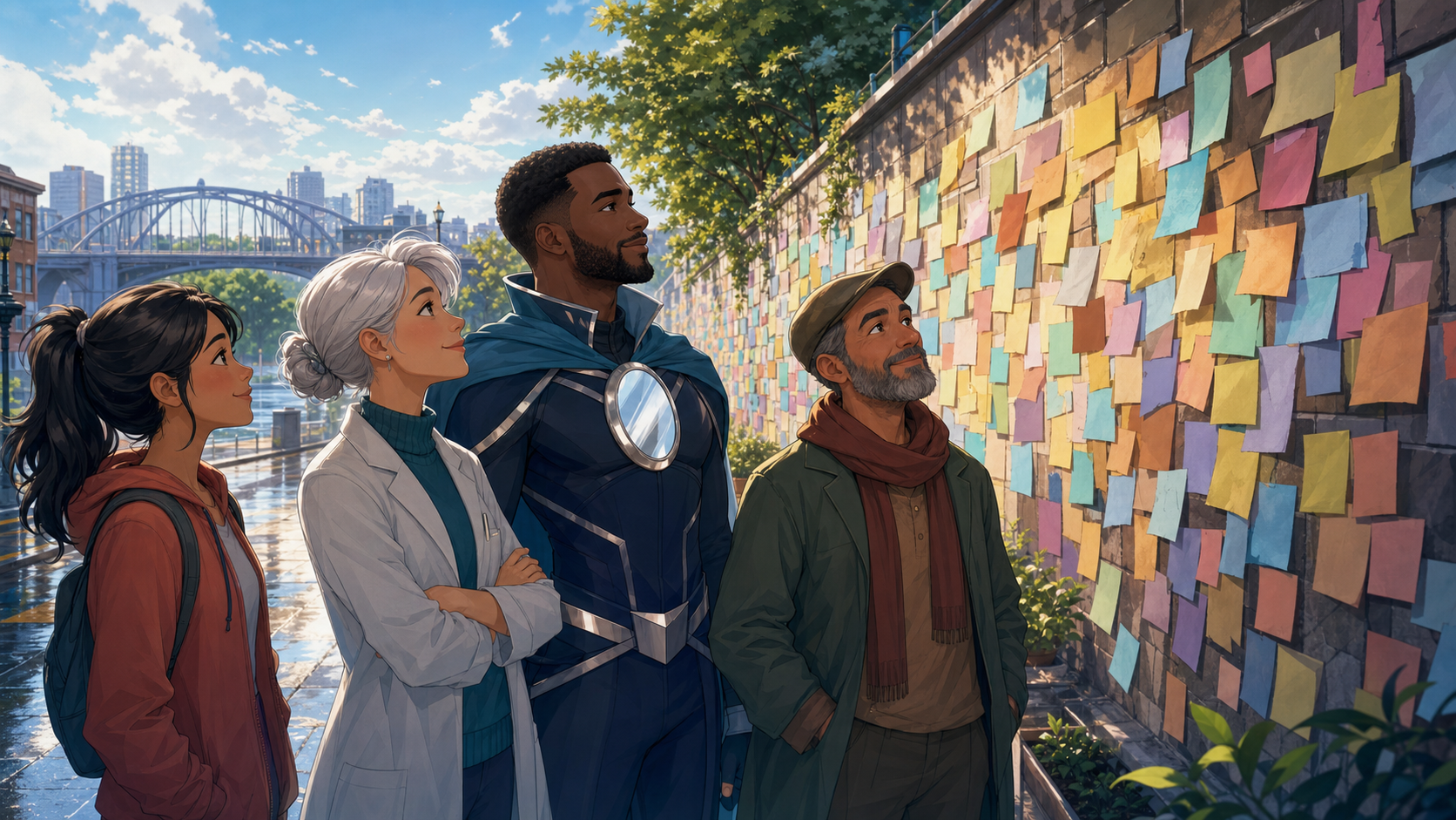The Mirror Guardian and friends looking at a wall of names