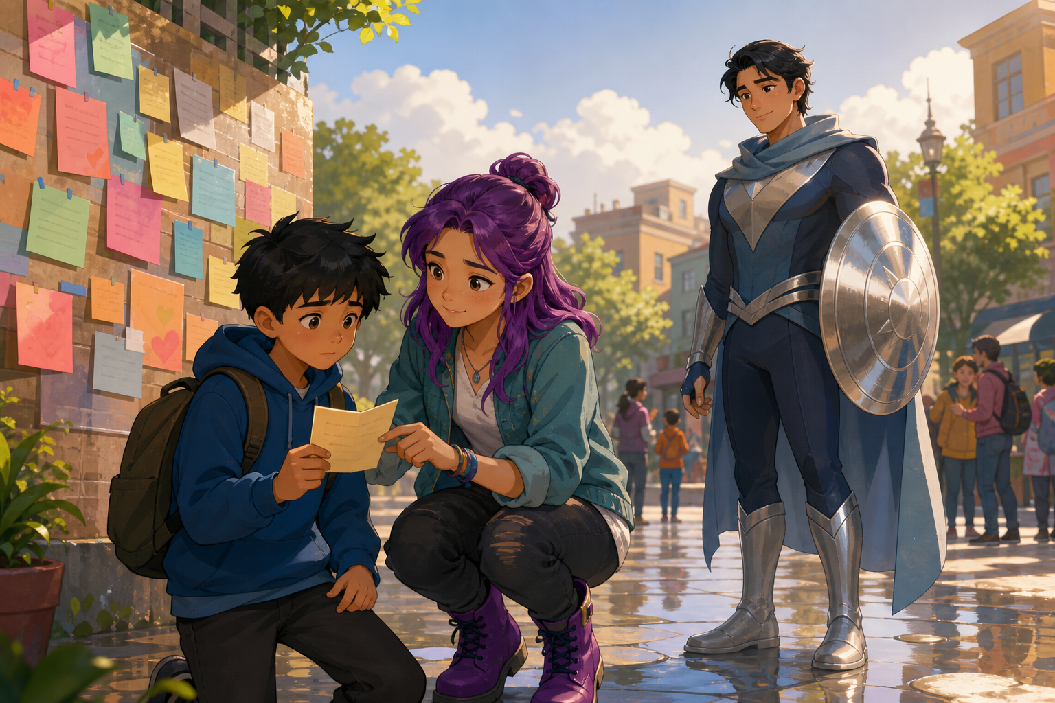 Maya helping a younger student read a note near the wall of names