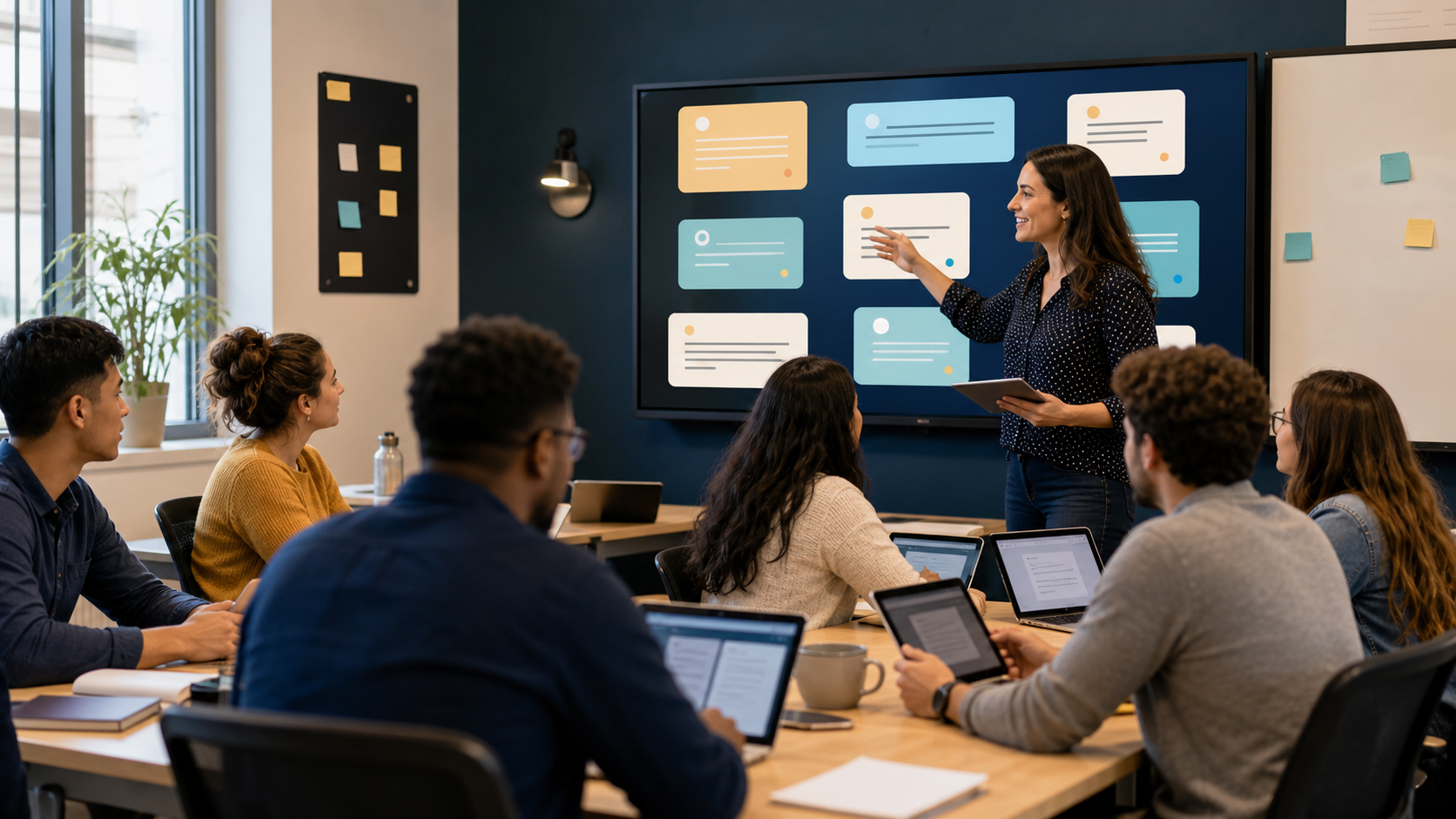 Teacher guiding a live sentence wall activity in a modern English classroom