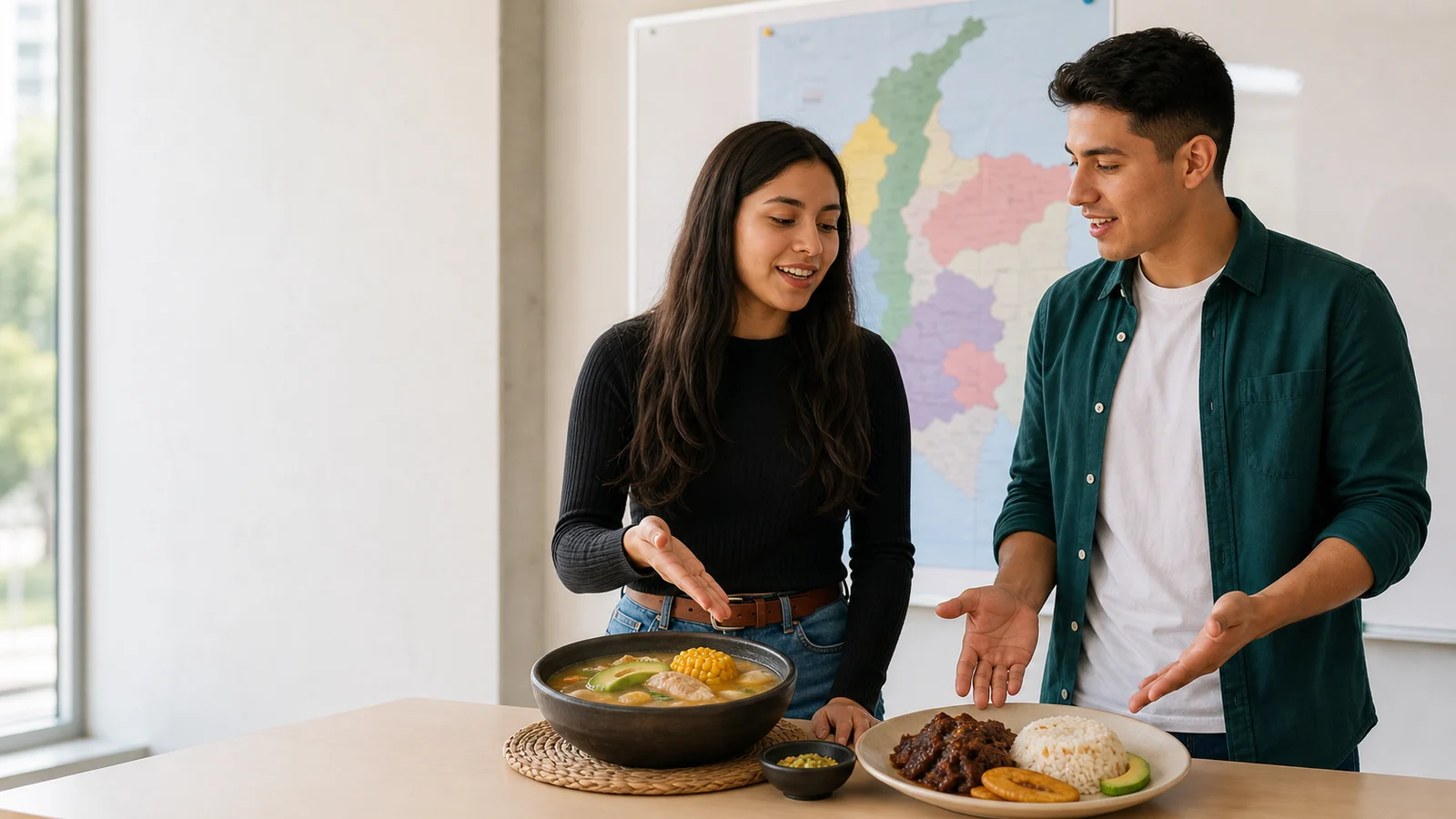 Two Colombian university students presenting traditional dishes as one coordinated team