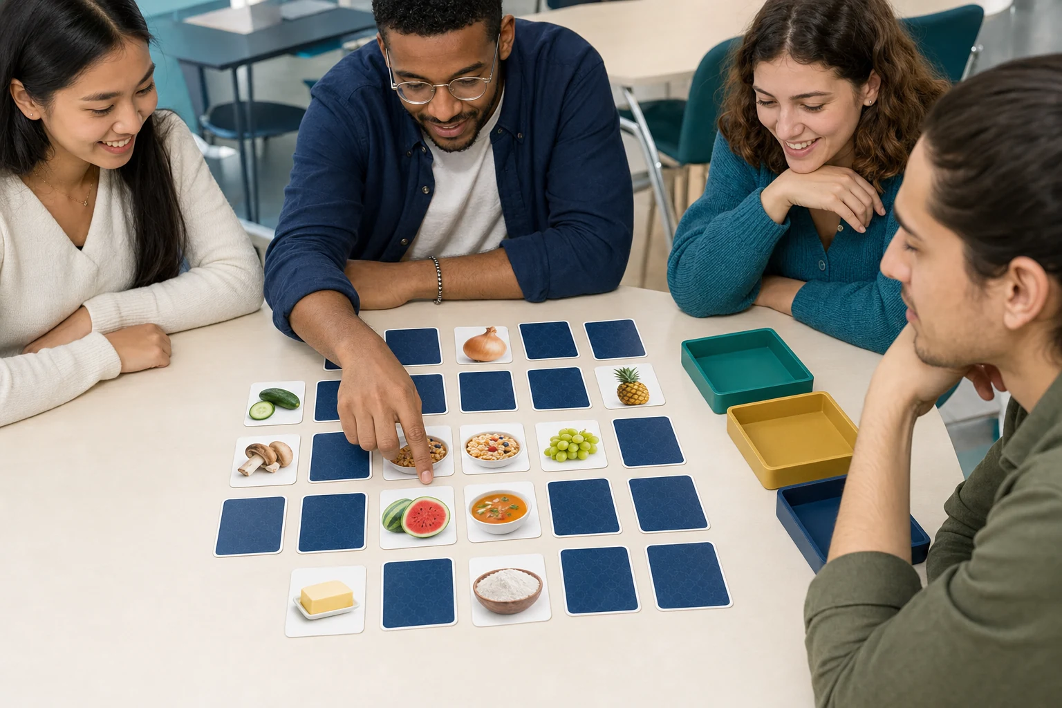 Adult English learners playing a food vocabulary memory game with matching cards